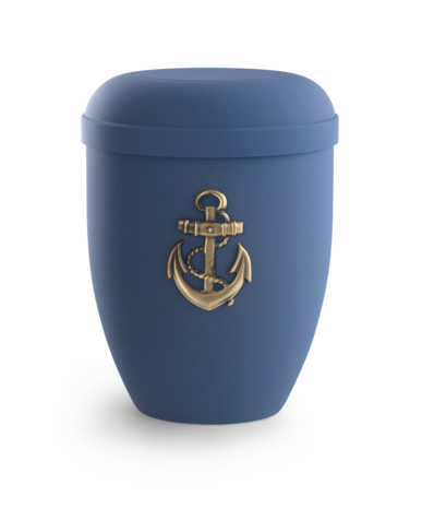 Biologische urn blauw fluwelen oppervlak met messing ankermotief
