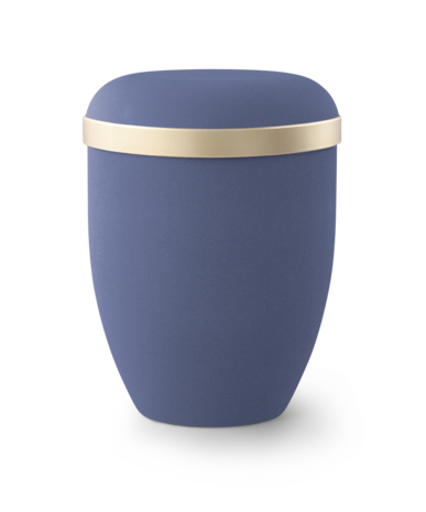 Biologische urn blauw fluwelen oppervlak met goudkleurige sierband