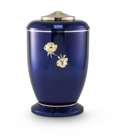Stalen urn blauw met gepolijste sierbanden en rozenkoppenmotief