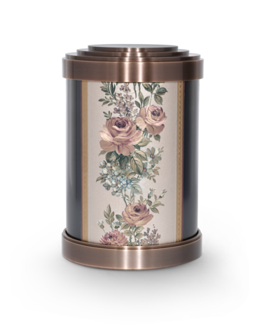 Stalen urn bruin met een wandtapijt bloemenmotief