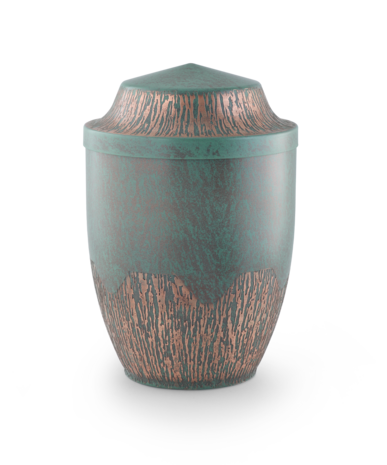 Koperen urn groen en bruin handgepatineerd