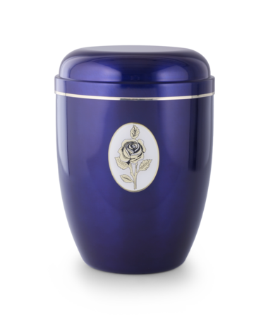 Stalen urn blauw met rozenmotief