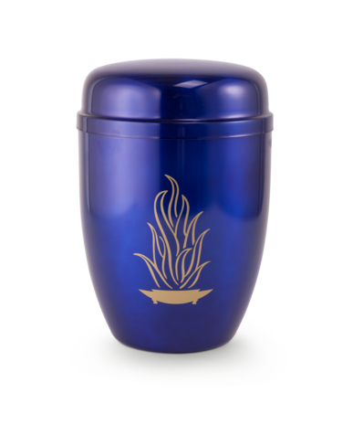 Stalen urn blauw met gouden vlammotief