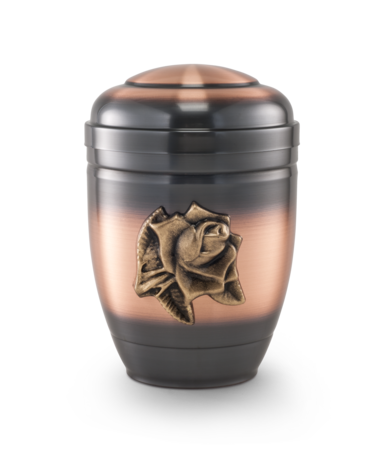 Koperen urn bruinzwart met rozenbladmotief