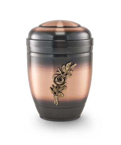 Koperen urn bruinzwart met rozentakmotief