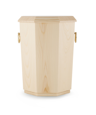 Naaldhouten urn geel gewaxt met gouden handvaten