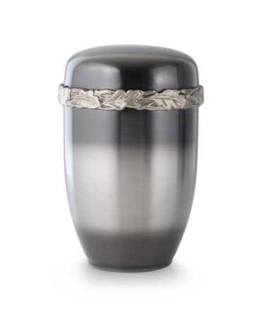 Stalen urn grijszwart met eikenblad sierband