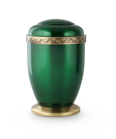 Koperen urn groen met eikenblad sierband