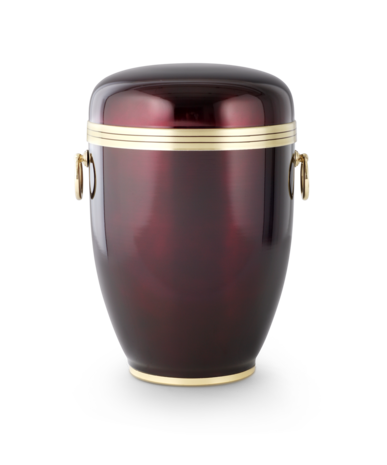 Koperen urn rood met gouden sierband en handvaten