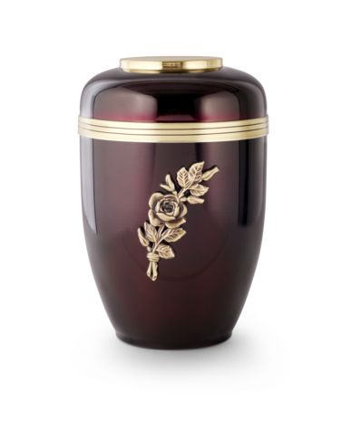 Koperen urn rood met gouden kap en sierband rozentakmotief