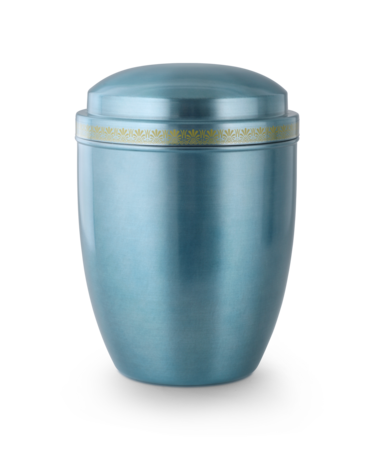 Stalen urn pastelblauw met oud griekse sierband