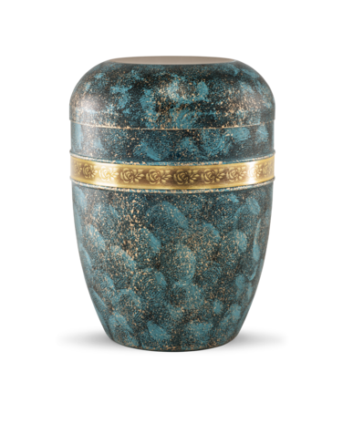Stalen urn turquoise met gouden rozen sierband