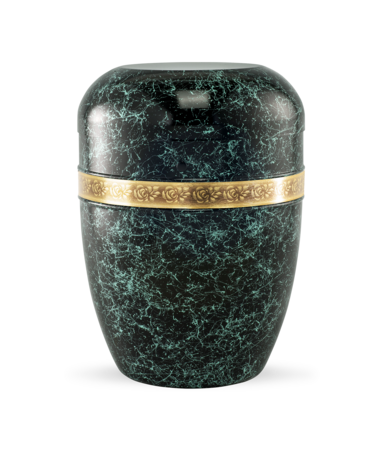 Stalen urn groenzwart met rozen sierband