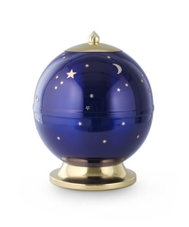 Messing urn blauw met handgemaakte sterrenhemelmotief en gepolijste kap