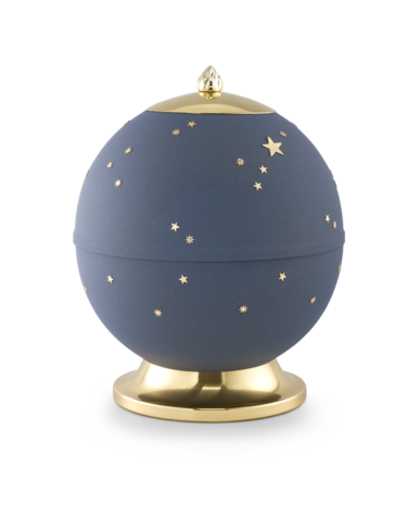 Messing urn blauw fluwelen oppervlak  met handgeschilderde sterrenhemelmotief