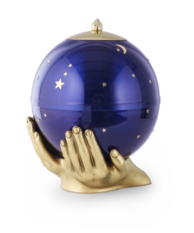 Messing urn blauw met handgemaakte sterrenhemelmotief en gepolijste voet