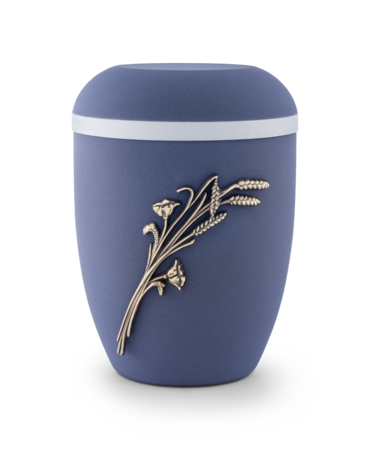 Stalen urn blauw met korenaarmotief