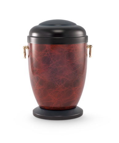 Stalen urn rood met zwart met wortelnotenhoutmotief en messingkleurige handvaten