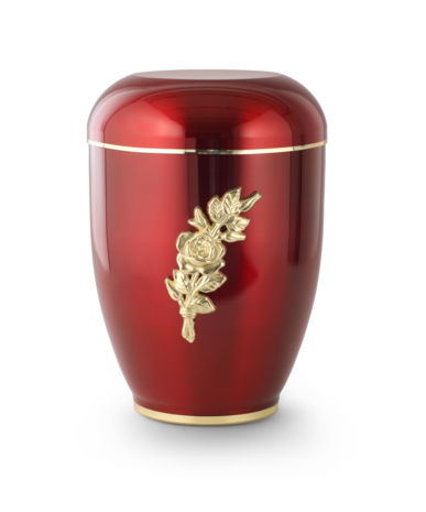 Koperen urn rood met gouden sierband en rozentakmotief