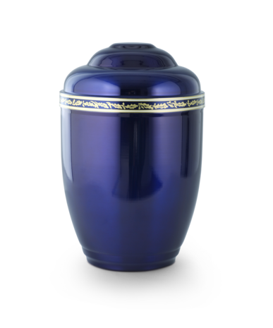 Koperen urn blauw geschilderd met eikenbladmotief