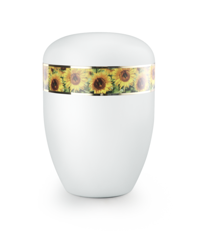 Biologisch afbreekbare urn zwart met zonnebloemen band
