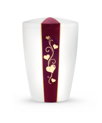 Biologisch afbreekbare urn wit en bordeaux rood met harten decoratie