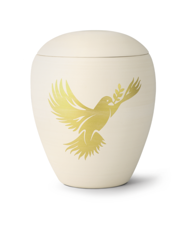 Keramische urn cr&egrave;me met handgeschilderde duif
