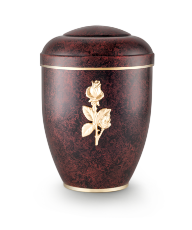 Biologisch afbreekbare urn roodzwart met gouden bloem