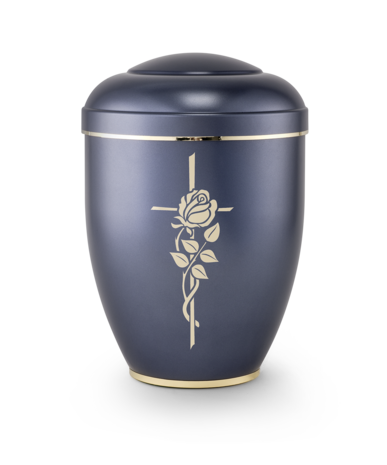 Biologisch afbreekbare urn gepolijst blauw met gouden kruis en roos