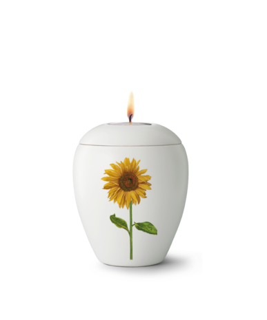 Keramische urn wit herdenkingslicht met zonnebloem