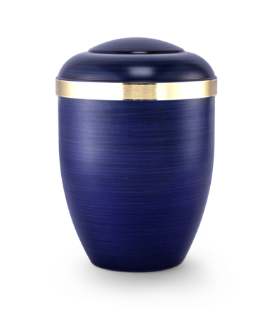 Biologisch afbreekbare urn handbeschilderd blauw met gouden lint