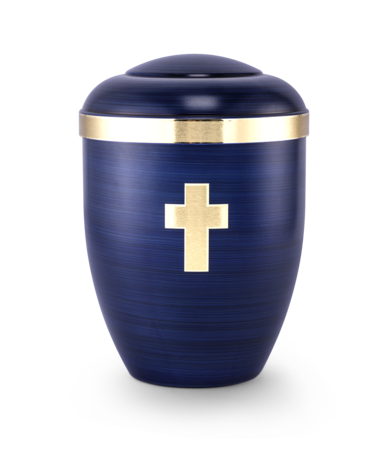 Biologisch afbreekbare urn handbeschilderd blauw met gouden kruis