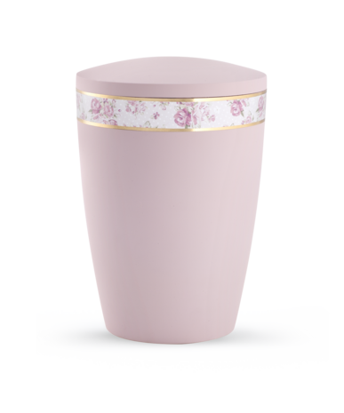 Biologisch afbreekbare urn roze met paarse bloemen decoratie