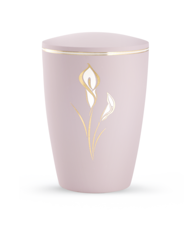 Biologisch afbreekbare urn roze met calla bloem decoratie