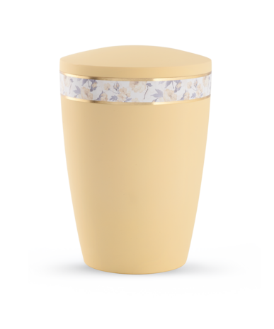Biologisch afbreekbare urn geel met bloemen decoratie