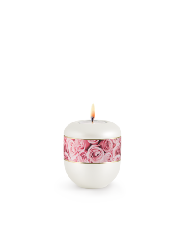 Porseleinen urn wit roze rozen herdenkingslicht