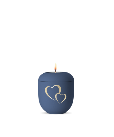 Porseleinen urn blauw met goud dubbel hart herdenkingslicht