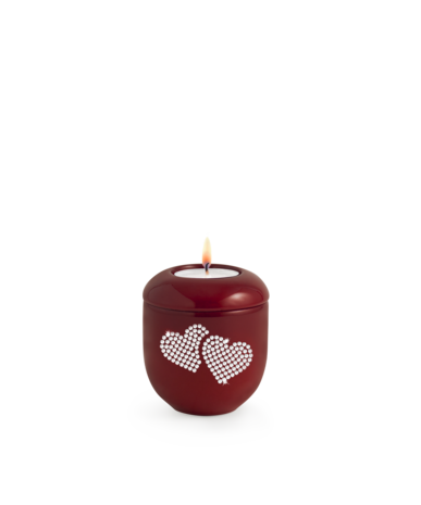 Porseleinen urn rood dubbel hart van kristallen herdenkingslicht
