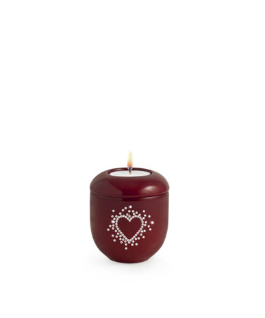 Porseleinen urn rood met hart van kristallen herdenkingslicht