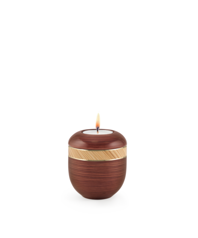 Porseleinen urn handbeschilderd bruin met decoratief hout herdenkingslicht