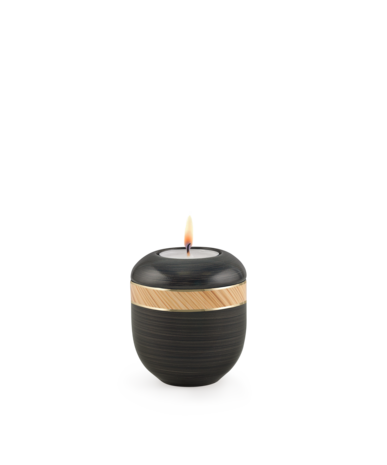 Porseleinen urn handbeschilderd zwart met hout decoratie herdenkingslicht