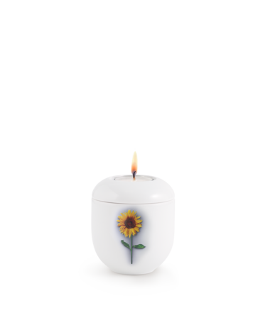 Porseleinen urn wit zonnebloem herdenkingslicht