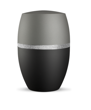Biologisch afbreekbare urn grijs en zwart met glinsterend zilver decoratie