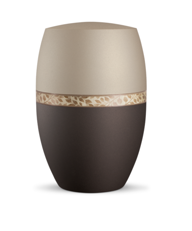 Biologisch afbreekbare urn cr&egrave;me en zwart met bladeren decoratie