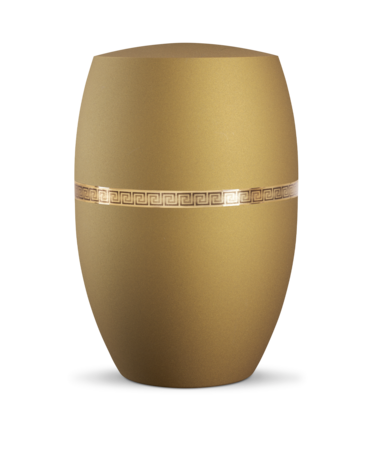 Biologisch afbreekbare urn geel met gouden meander decoratie