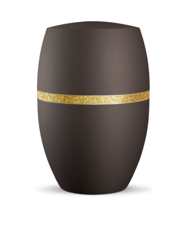 Biologisch afbreekbare urn donkerbruin met glinsterend goud decoratie