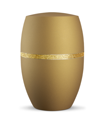 Biologisch afbreekbare urn geel met goud glinsterend d&eacute;cor