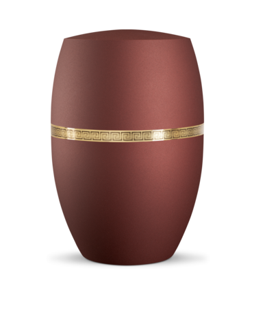 Biologisch afbreekbare urn rood met gouden meander decoratie