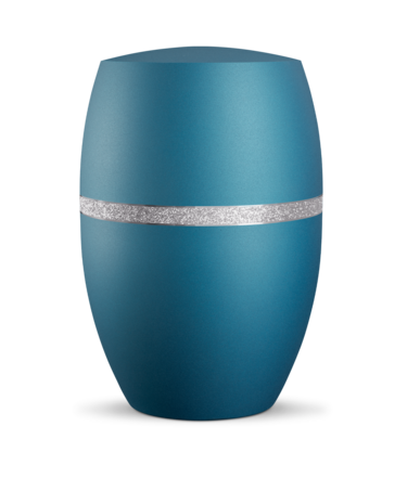 Biologisch afbreekbare urn blauw met glinsterend zilver d&eacute;cor