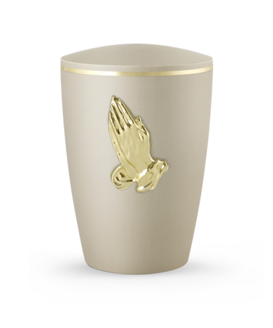 Biologisch afbreekbare urn cr&egrave;me met gouden biddende handen en gouden band